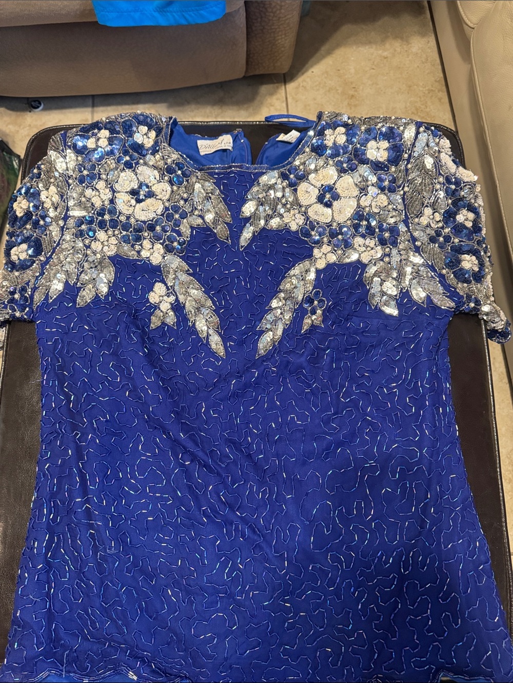 Royal Blue Beaded vintage Floral Evening Blouse